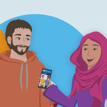 Comichafte Zeichnung einer Frau mit Hijab und Smartphone und einem Mann, der ihr zuhrt